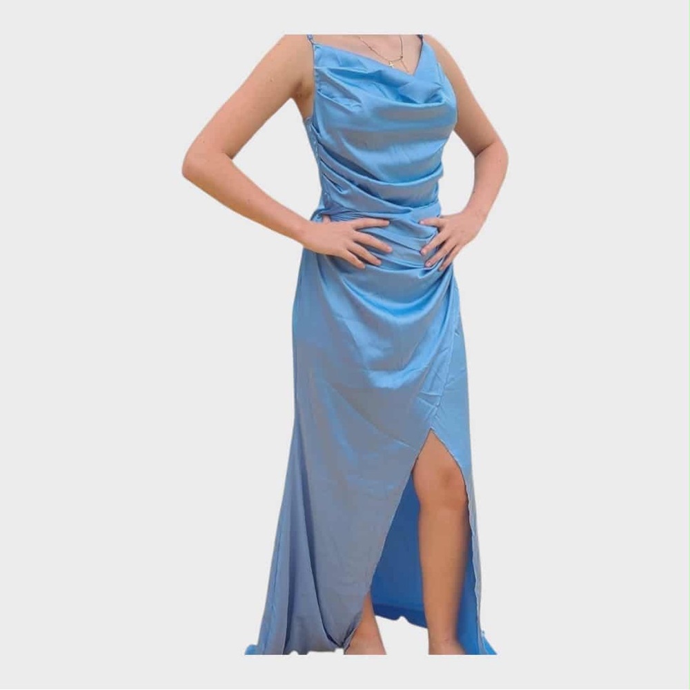 SHEIN Blue Satin Cowl Neck Maxi Dress Ruched Side Slit Large